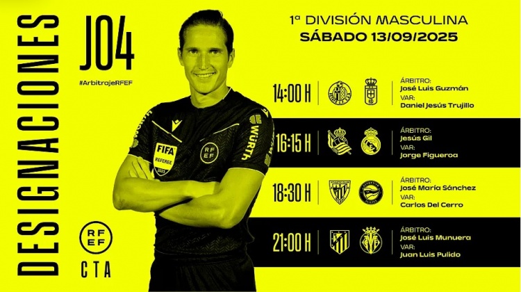 官方:赫苏斯-吉尔执法皇马客战皇社,穆努埃拉主裁马竞对阵黄潜